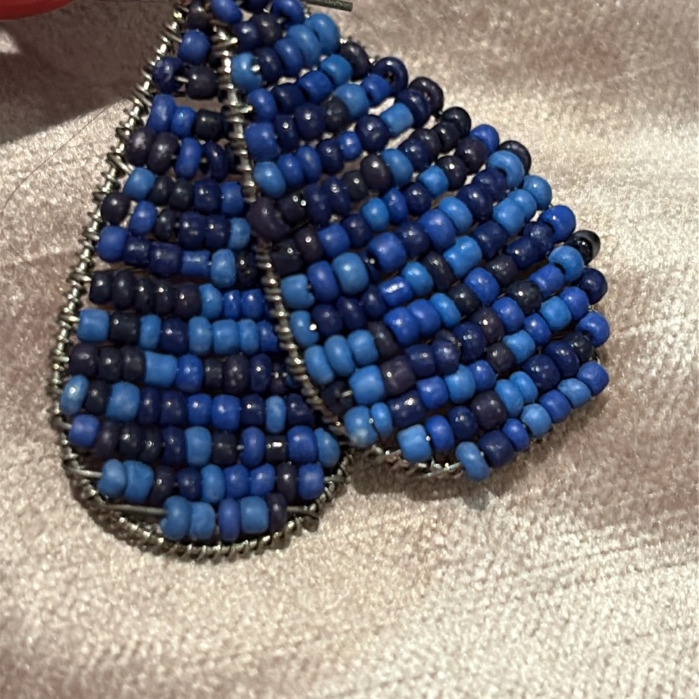 Royal Blue Teardrop Dangle Earrings 2” Beaded French Hook Earrings Boho - Picture 5 of 5
